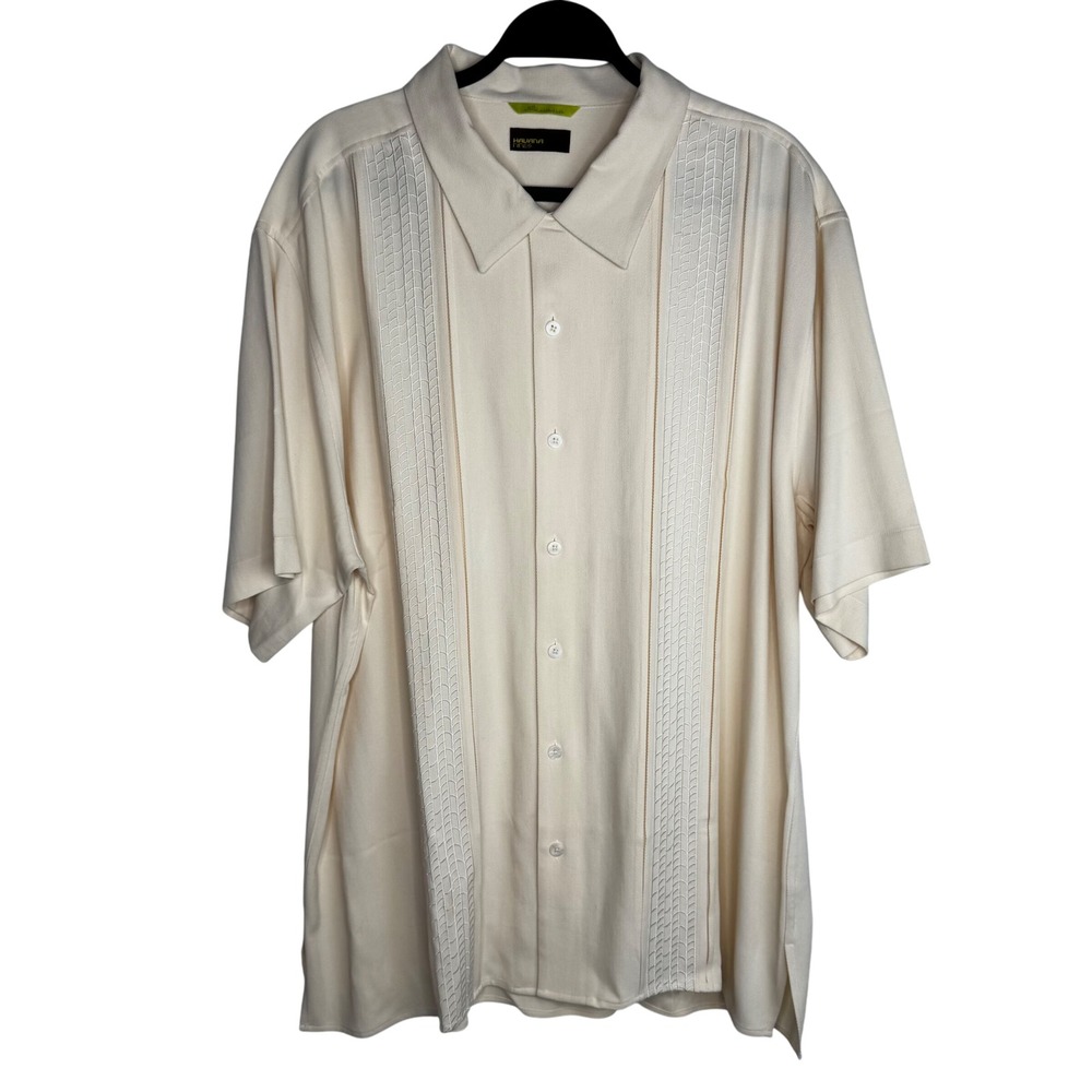Havana Nines Mens3X 100% Silk Button Up Short Sleeve Cuban Shirt Cream Guayabera